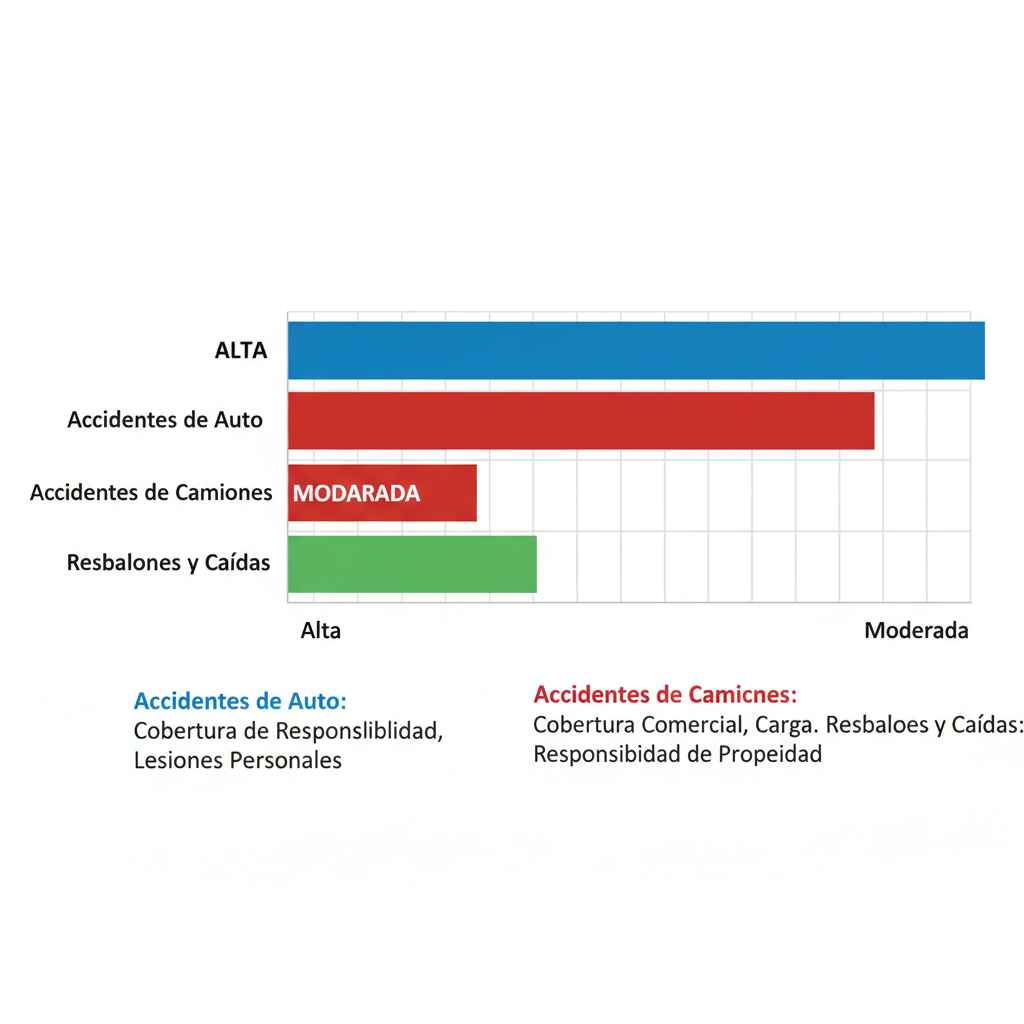 Gráfico de barras comparativo de tipos de accidentes comunes en Bakersfield, mostrando frecuencias y coberturas legales típicas.