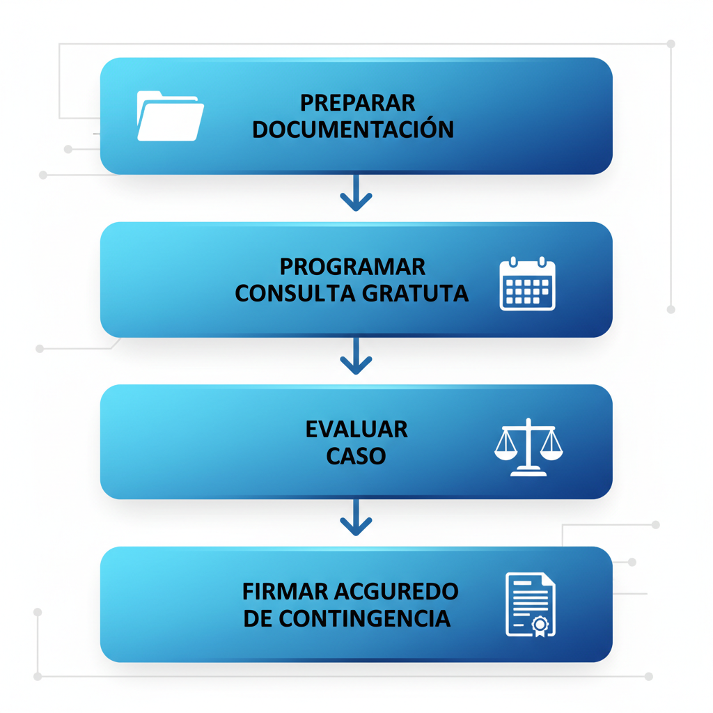 Diagrama de flujo vertical de cuatro etapas para iniciar con un abogado de accidentes: preparar documentación, programar consulta, evaluar caso y firmar acuerdo.