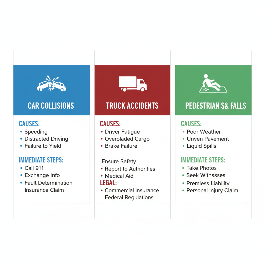Infografía comparativa de tipos comunes de accidentes de tráfico en Bakersfield: colisiones de autos, accidentes de camiones y resbalones con causas, pasos inmediatos e implicaciones legales