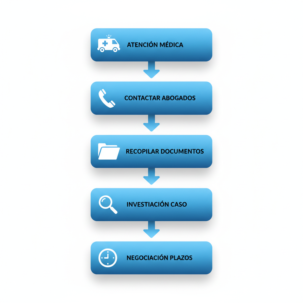 Diagrama de flujo vertical ilustrando los pasos iniciales para iniciar una reclamación por accidente personal en Bakersfield, California.