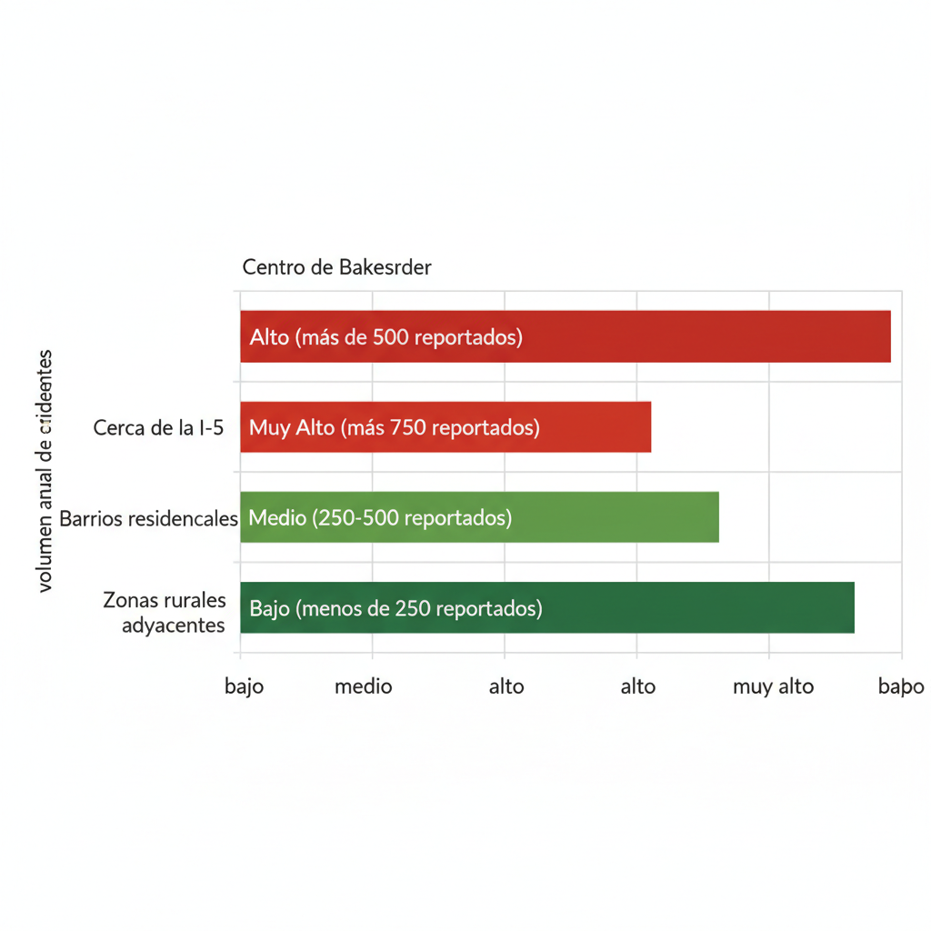Gráfico de barras horizontal comparando volúmenes de accidentes automovilísticos en áreas de Bakersfield