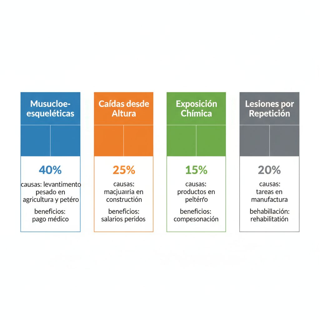 Infografía de comparación de tipos de lesiones laborales en Bakersfield con porcentajes, causas comunes y beneficios de compensación.