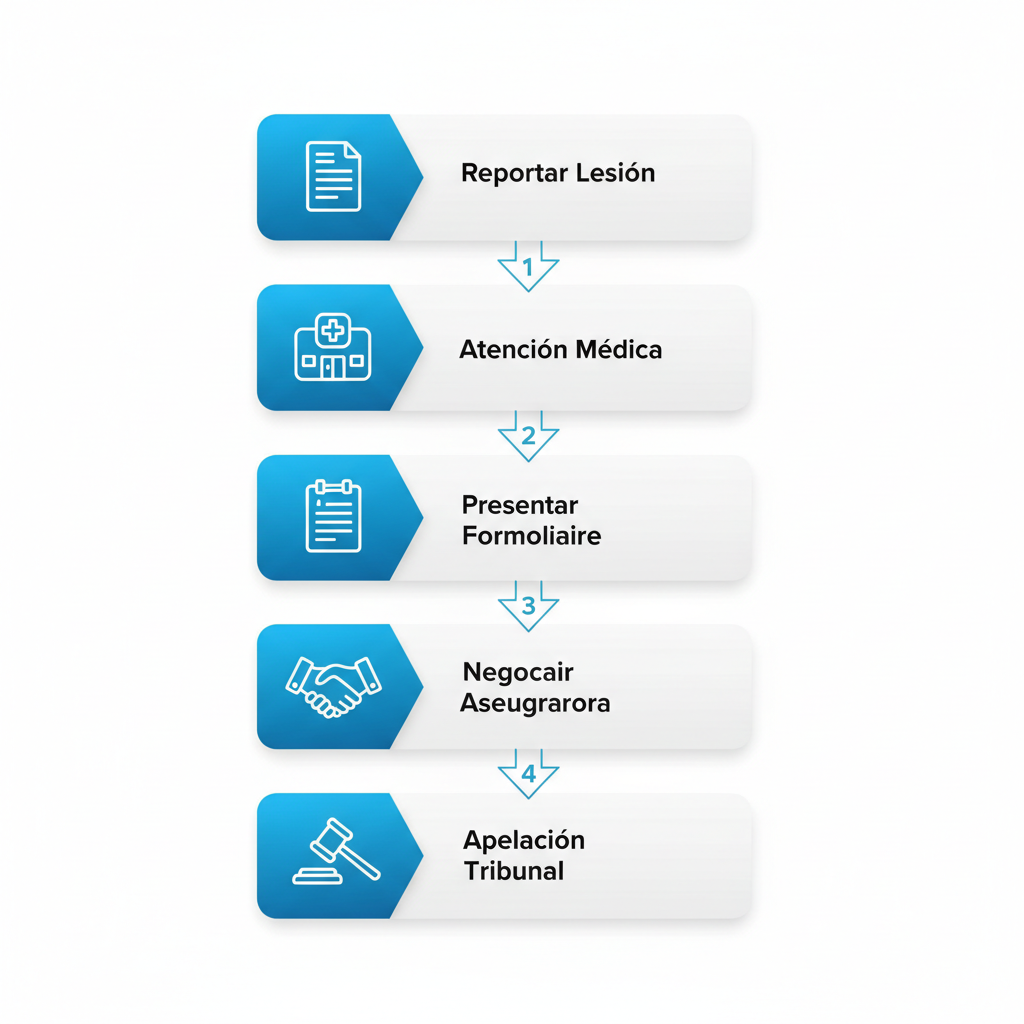 Diagrama de flujo vertical del proceso de reclamo de compensación laboral en Bakersfield con cinco etapas ilustradas.