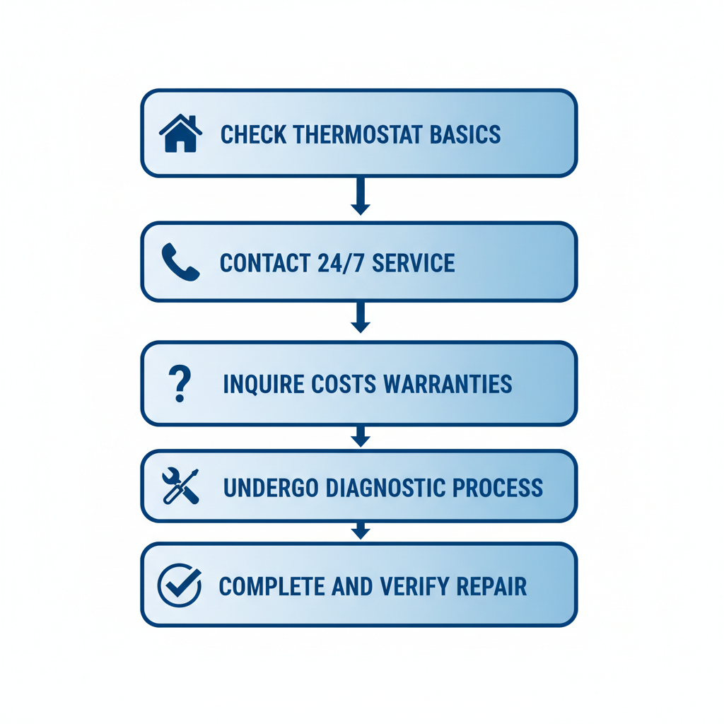Vertical process flow diagram depicting five steps to arrange AC repair in Boise: checking basics, contacting service, inquiring costs, diagnostics, and verification.