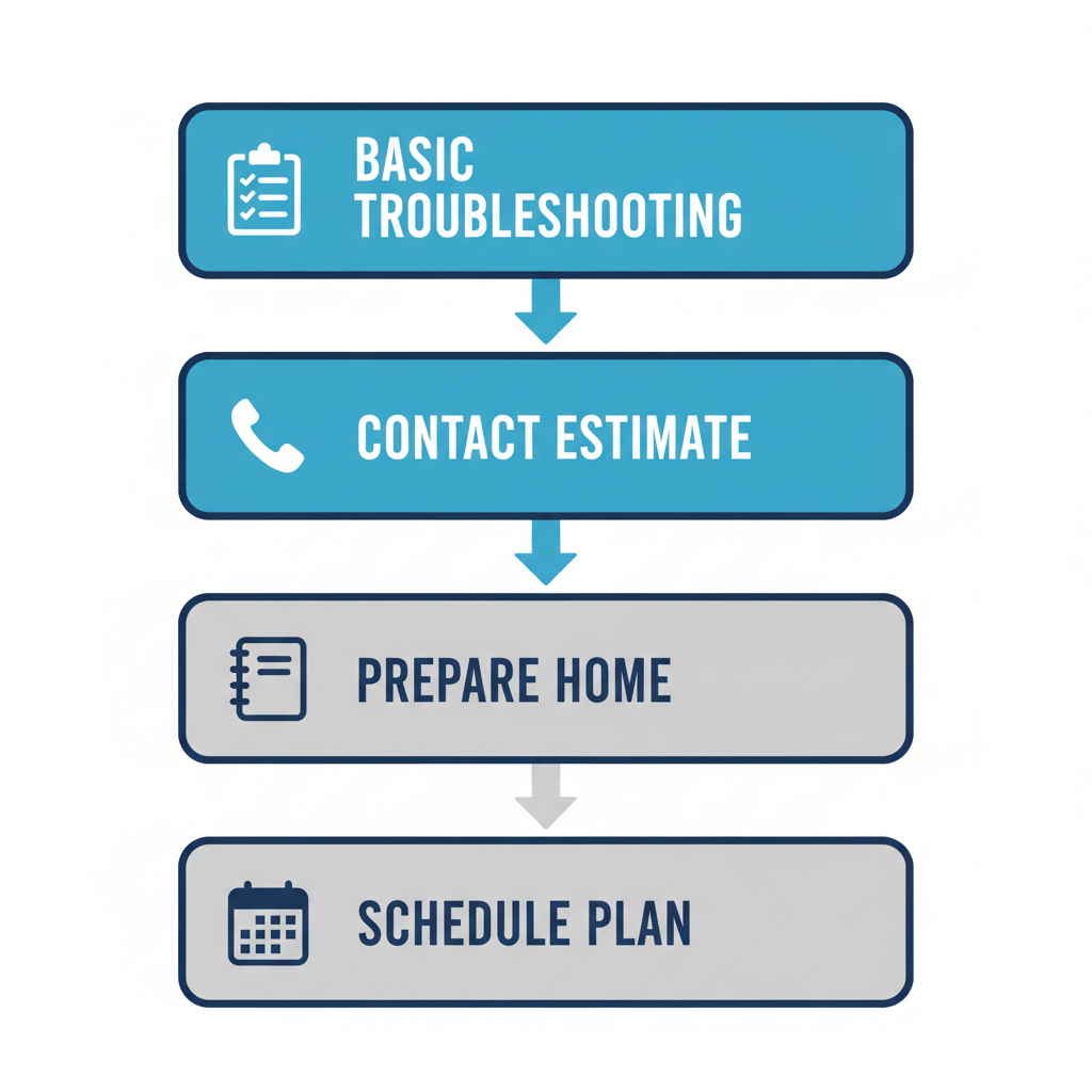 Vertical process flow diagram illustrating four steps to schedule HVAC repair in Boise with icons and labels.