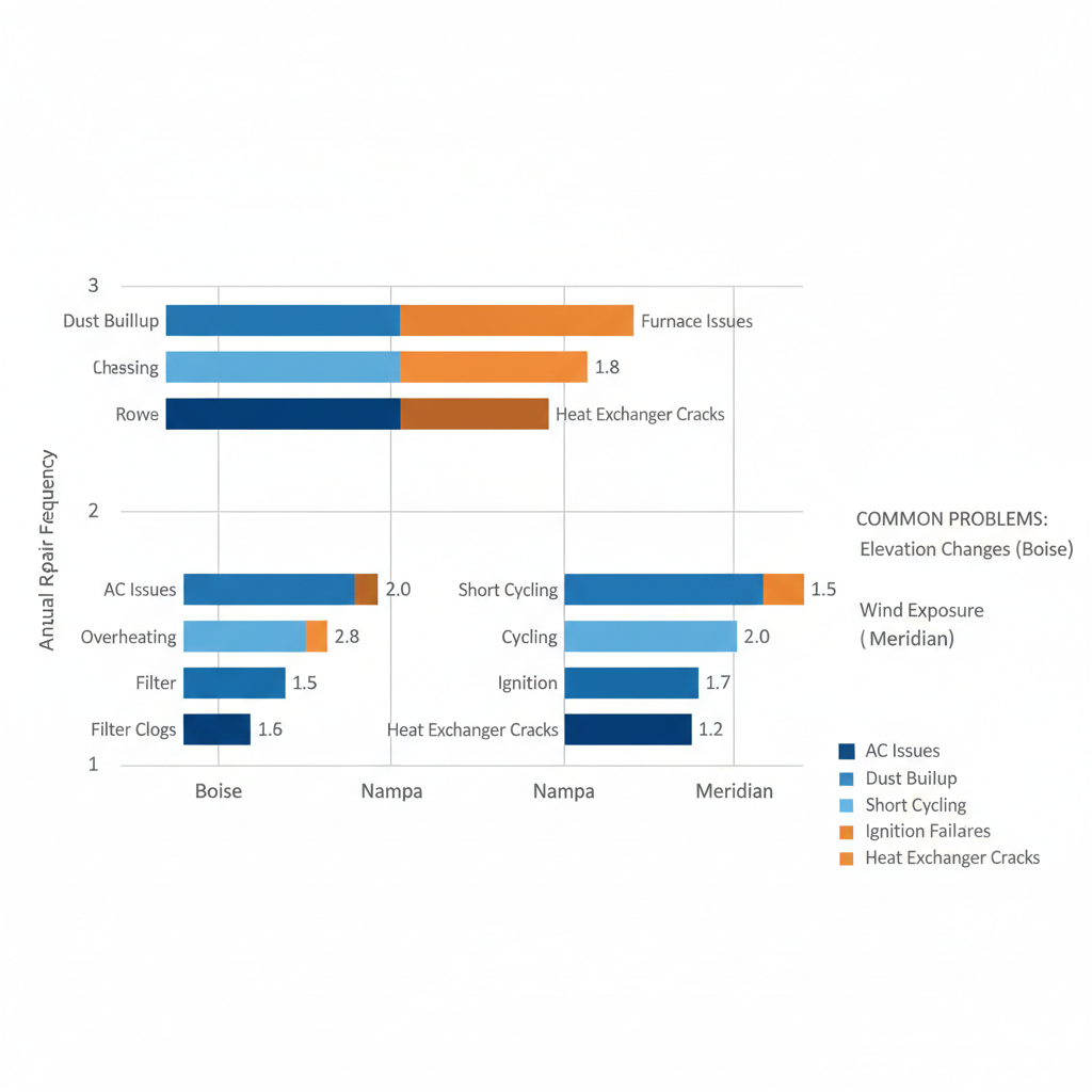 Horizontal bar chart comparing HVAC repair frequencies for AC and furnace issues across Boise, Nampa, and Meridian in Treasure Valley