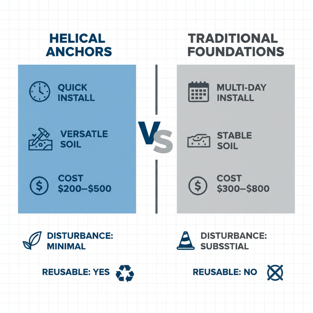 Infographic comparing helical anchors and traditional foundations highlighting installation, soil suitability, and cost differences.