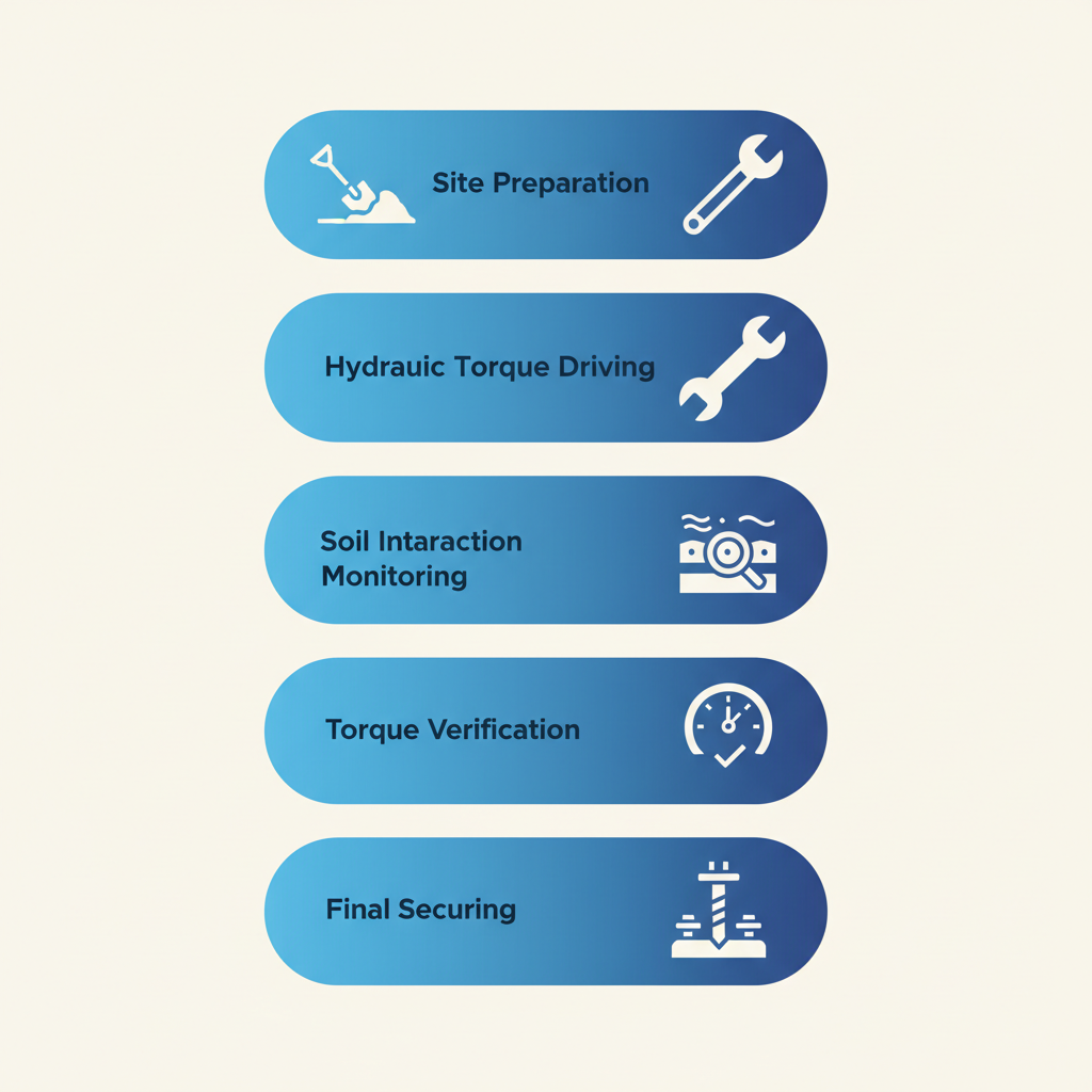 Vertical process flow diagram showing five stages of helical anchor installation with icons and labels.