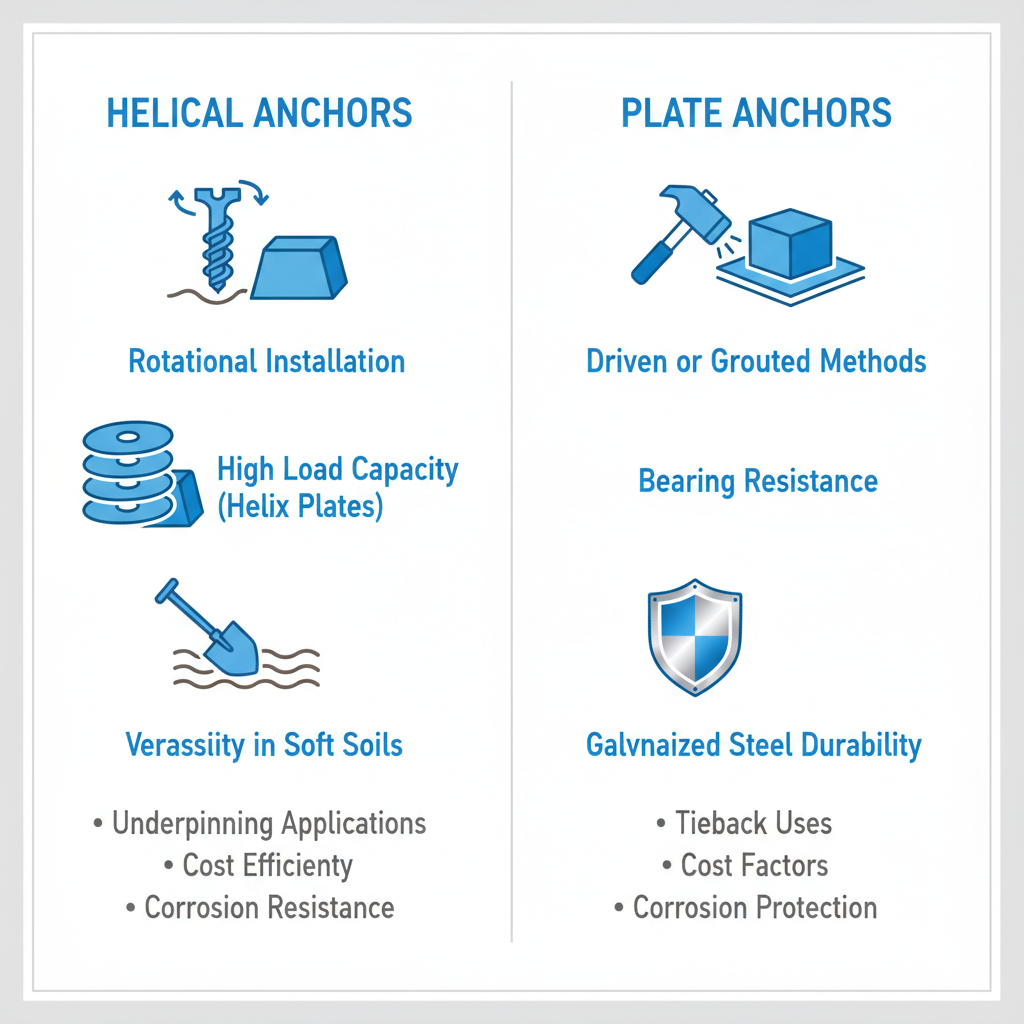 Infographic comparing features of helical anchors and plate anchors side by side.
