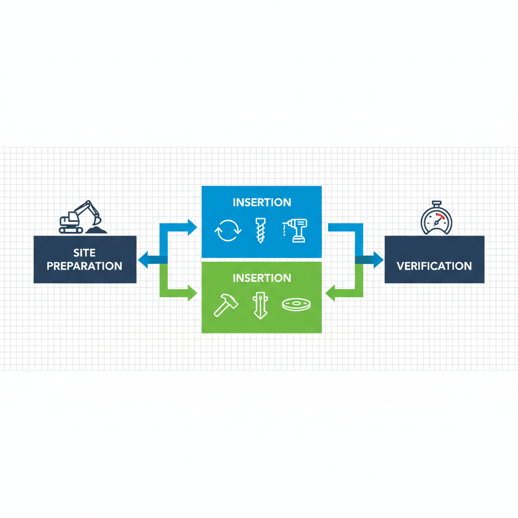 Horizontal process flow diagram illustrating parallel installation steps for helical and plate anchors including site preparation, insertion, and verification with icons and color-coded paths.