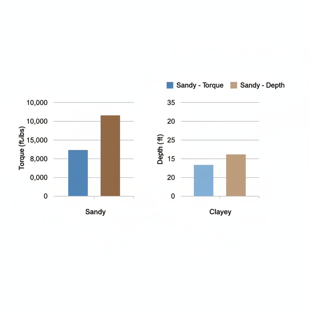Grouped bar chart comparing torque and depth criteria for helical pier termination in Sandy and Clayey soils