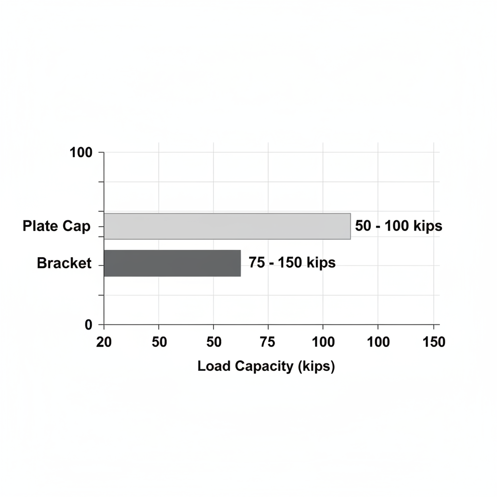 Horizontal bar chart illustrating load capacities of helical pier termination fittings: Plate Cap 50-100 kips in light gray, Bracket 75-150 kips in dark gray.