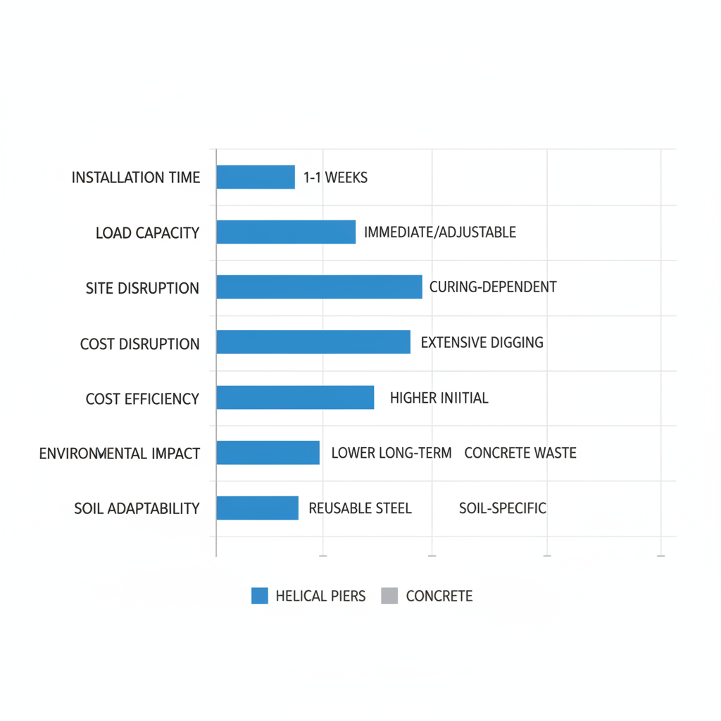 Horizontal bar chart comparing advantages of helical piers over traditional concrete foundations across six key aspects