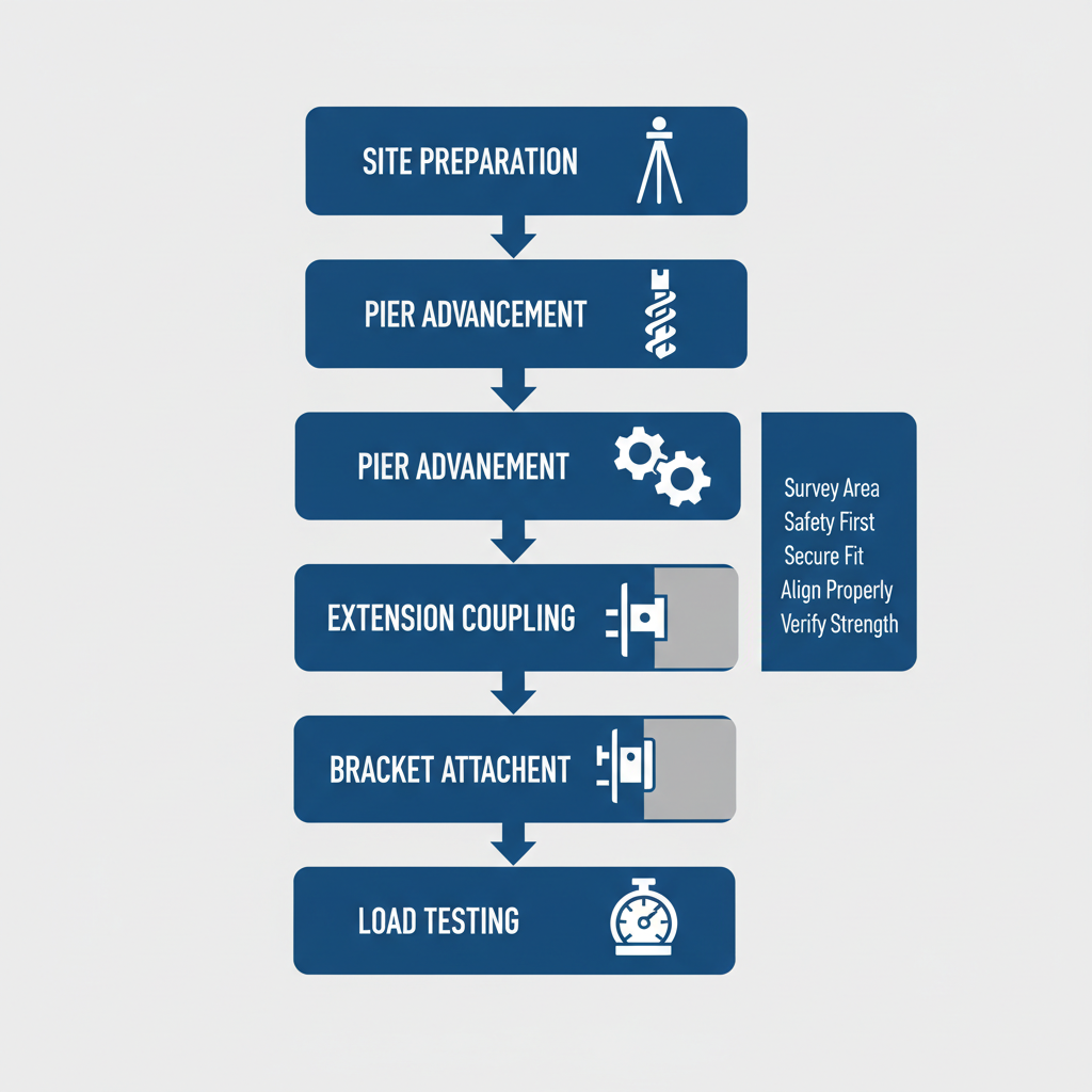 Vertical process flow diagram of helical pier installation steps with icons and labels