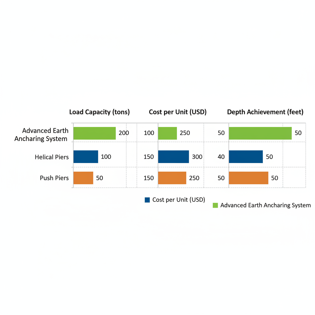 Horizontal bar chart comparing load capacity, cost per unit, and depth achievement of Advanced Earth Anchoring System, Helical Piers, and Push Piers.