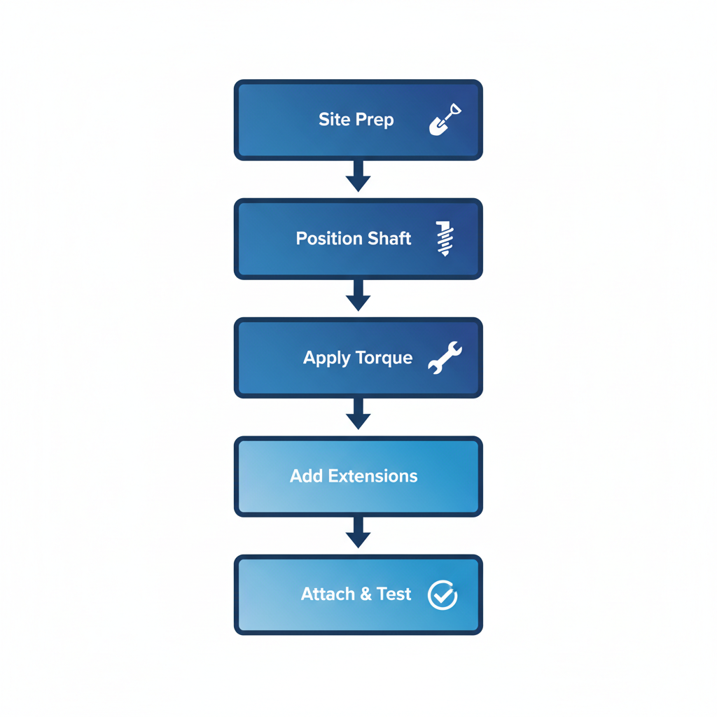Vertical diagram illustrating the five-step process for installing helical piers in foundation repair, with icons and minimal labels.