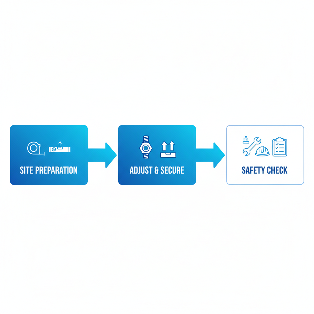 Horizontal process flow diagram showing three steps for installing Floor Stabilizer Post Kit: site preparation, adjustment and securing, tools and safety.