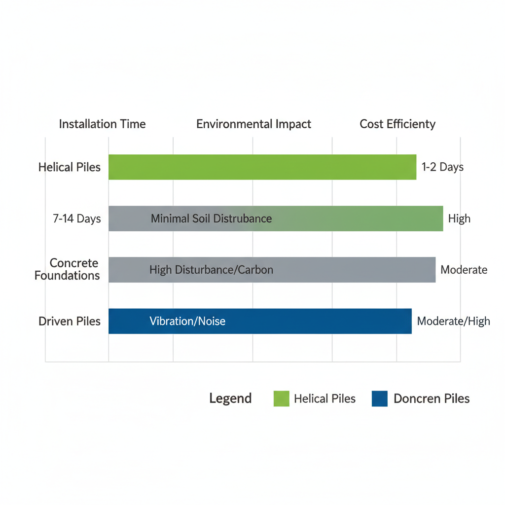 Horizontal bar chart comparing helical piles advantages over concrete and driven piles in installation time, environmental impact, and cost efficiency