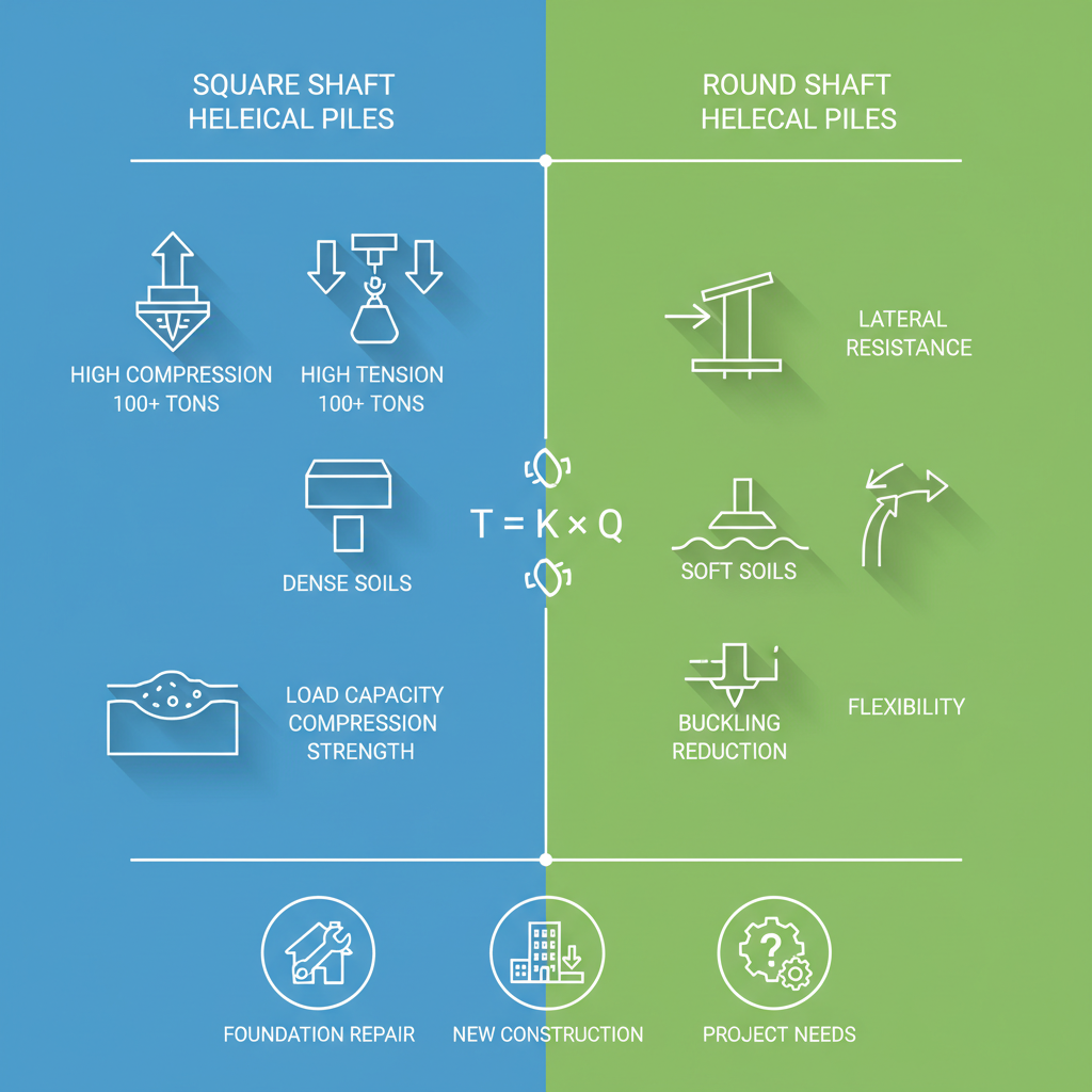 Infographic comparing square and round helical piles with icons for load capacities and soil suitability