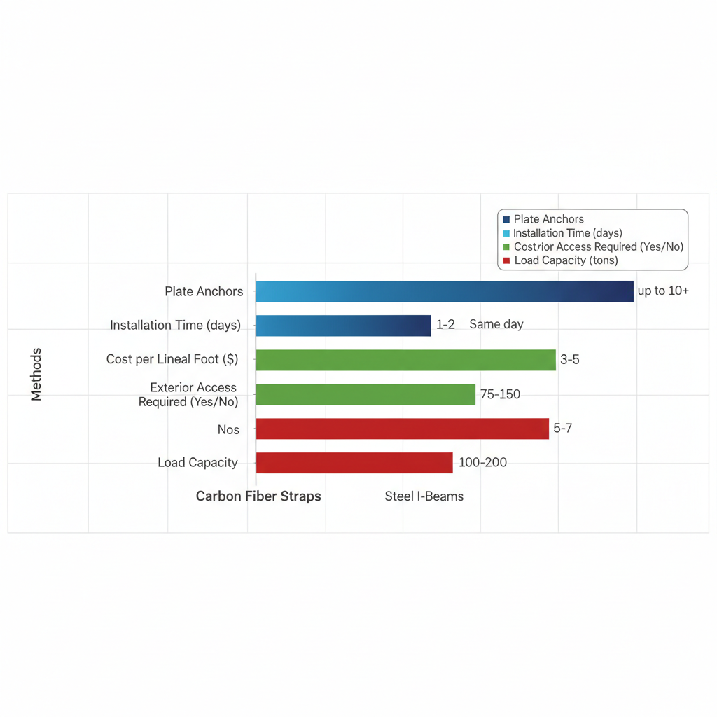 Horizontal bar chart comparing plate anchors, carbon fiber straps, and steel I-beams on installation time, cost, access needs, and load capacity for foundation repair.