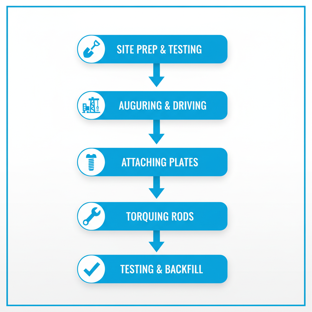 Vertical process flow diagram showing five stages of plate anchor installation with icons and brief labels