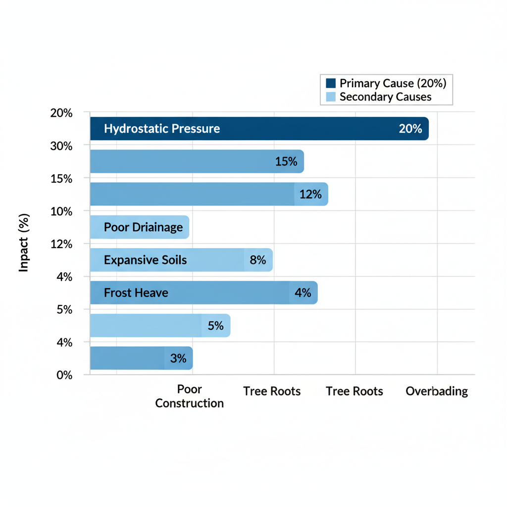 Horizontal bar chart illustrating seven causes of basement wall bowing with impact percentages, highlighting hydrostatic pressure at 20%.