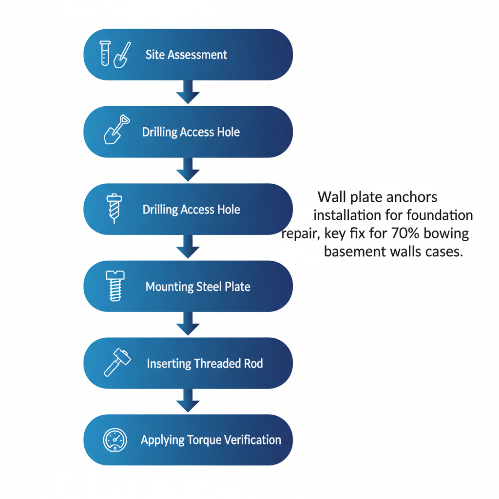 Vertical process flow diagram showing five steps of wall plate anchors installation for foundation repair.