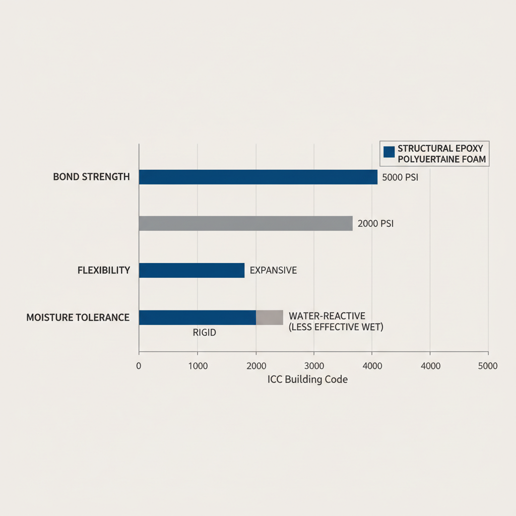 Horizontal bar chart comparing epoxy and polyurethane properties for structural injection in concrete repairs