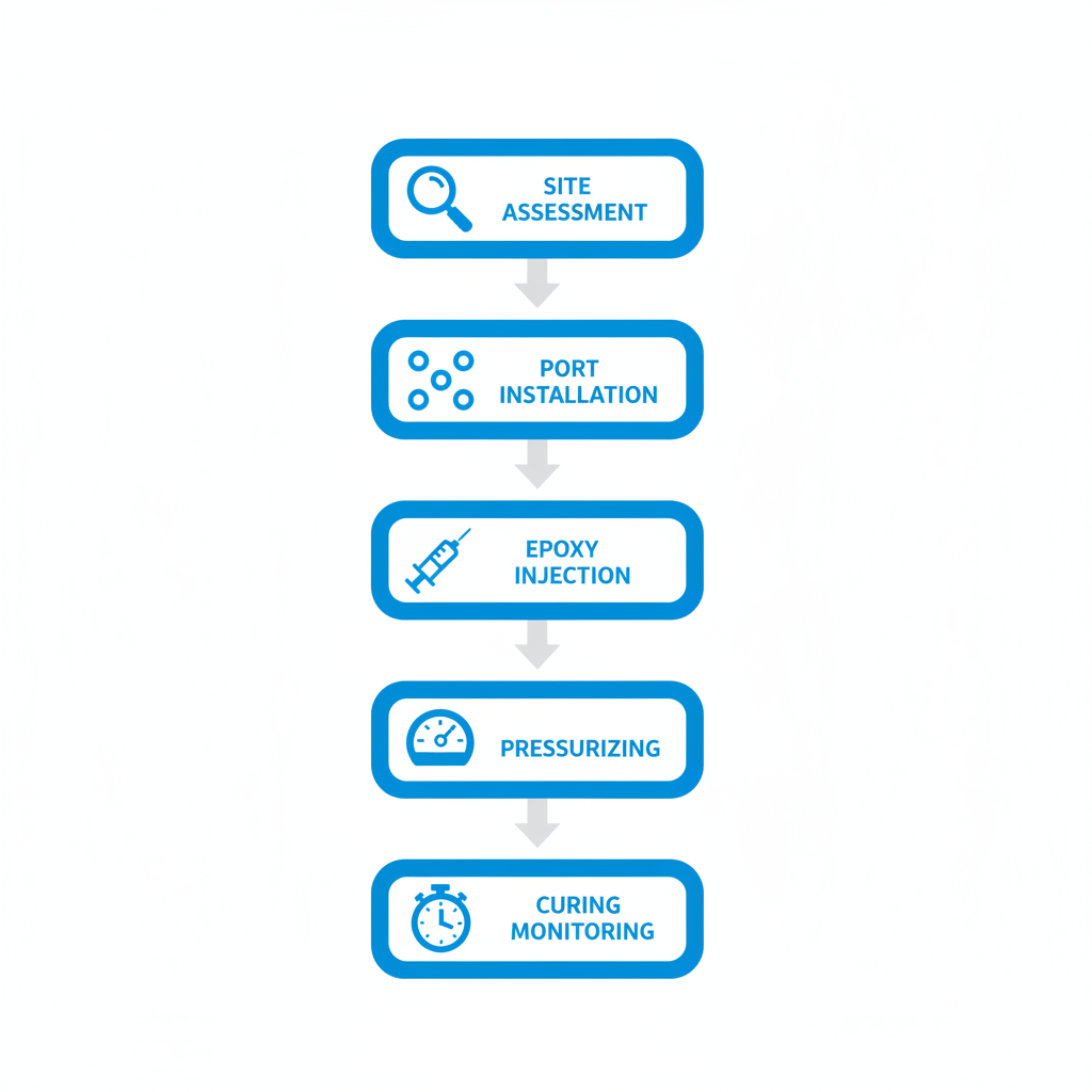 Vertical process flow diagram illustrating the step-by-step epoxy injection repair process for foundation cracks with icons for each stage.