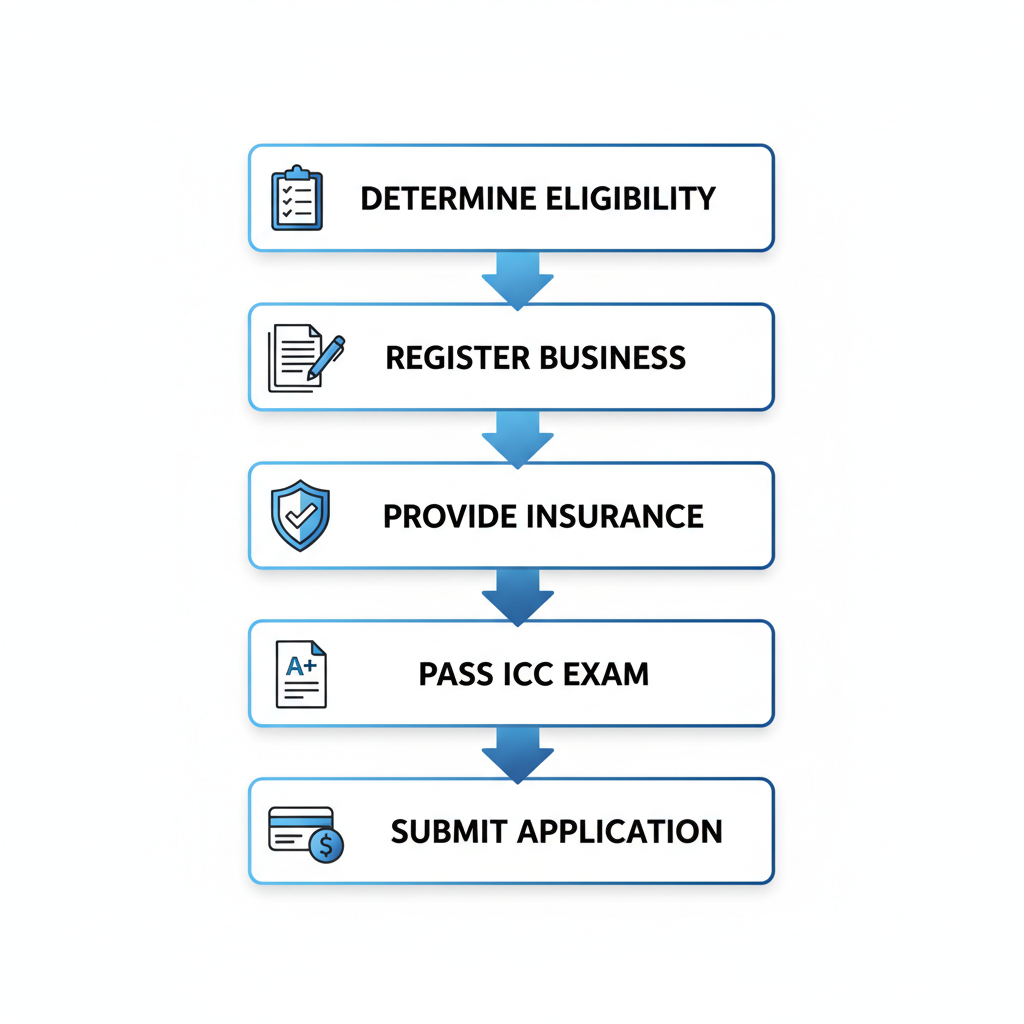 Vertical process flow diagram illustrating the five steps to obtain a General Contractor license in Colorado, including eligibility check, business registration, insurance proof, exam passage, and application submission.