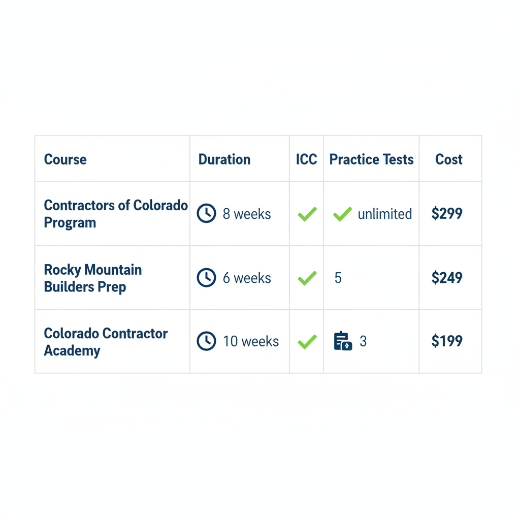 Comparison infographic of top online general contractor prep courses featuring duration, ICC alignment, practice tests, and cost.