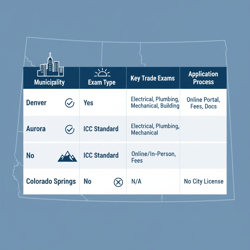Infographic comparing contractor licensing requirements in Denver, Aurora, and Colorado Springs with table layout including icons and Colorado outline.