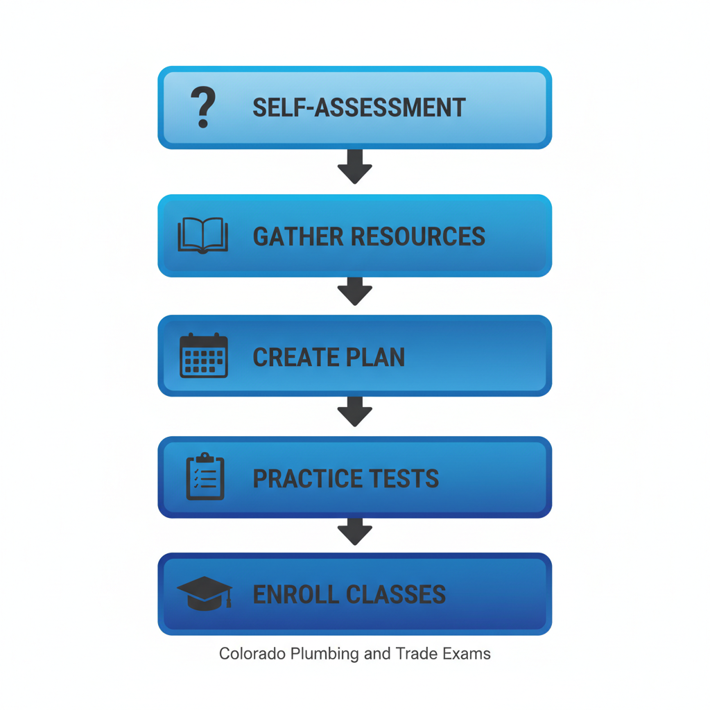 Vertical process flow diagram showing five steps to start construction license exam preparation in Colorado: self-assessment, gather resources, create study plan, practice tests, and enroll in classes.