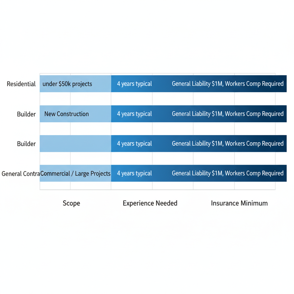 Horizontal bar chart comparing Residential, Builder, and General Contractor licenses in Colorado by scope, experience needed, and insurance requirements