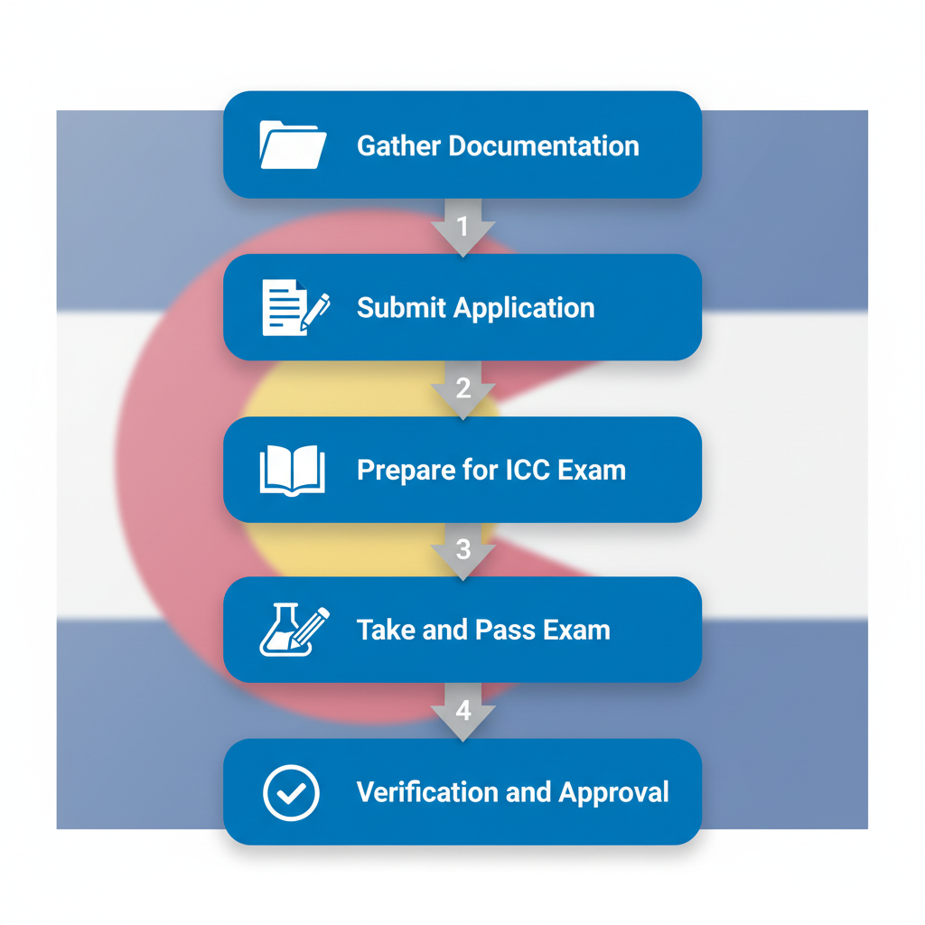 Vertical process flow diagram illustrating the five steps to obtain a contractor license in Colorado, with icons and minimal labels.