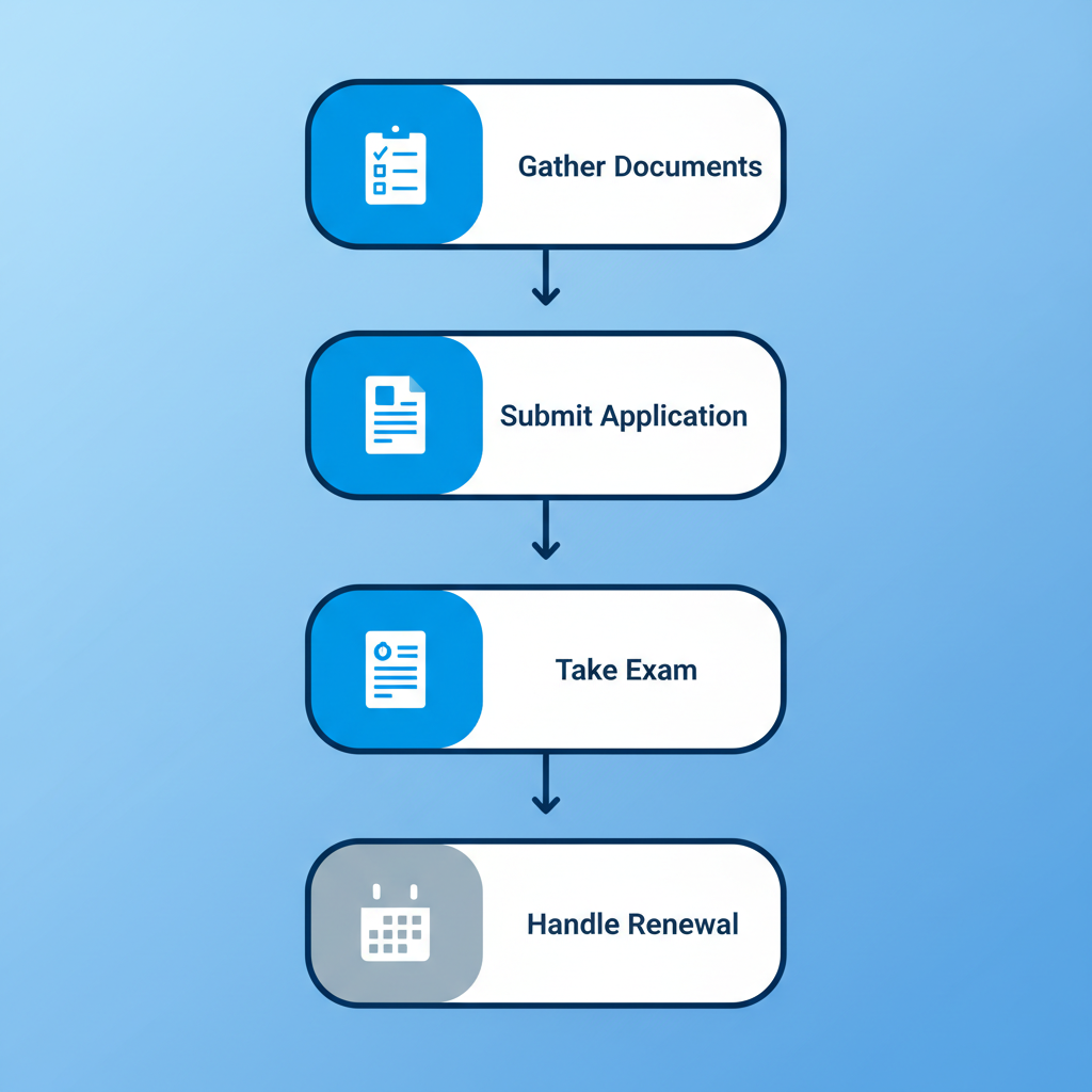 Vertical process flow diagram illustrating the five key steps to obtain a contractor license in Colorado, featuring icons and brief labels.
