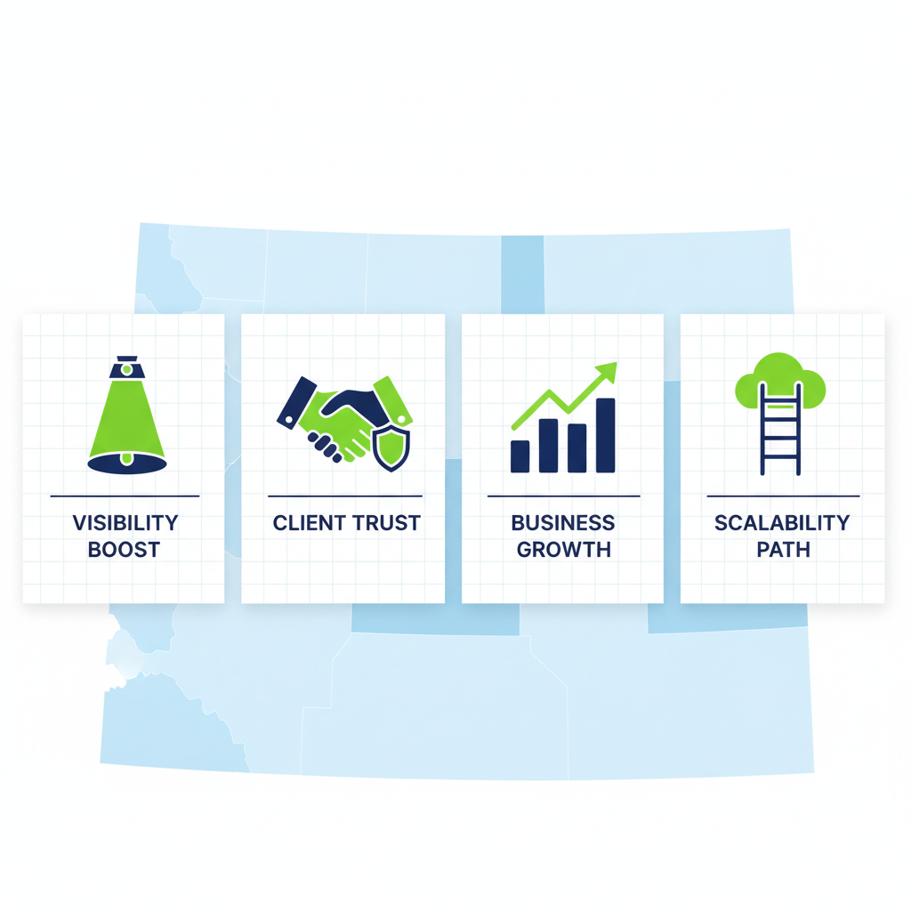 Infographic illustrating four core marketing principles for Colorado contractors: visibility with spotlight, client trust via handshake, business growth graph, and scalability ladder, featuring Colorado map.