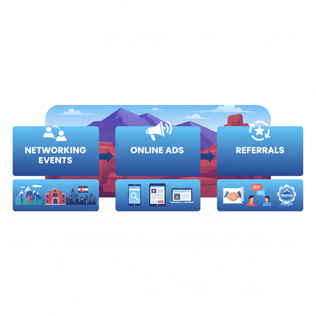 Horizontal process flow diagram of three lead generation tactics for contractors: networking events, online ads, and referrals, with Colorado elements.