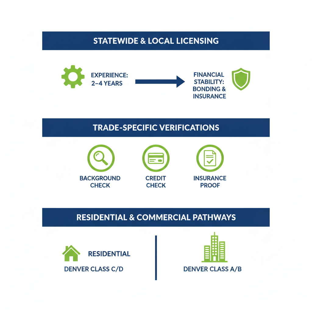 Infographic illustrating essential requirements for becoming a certified contractor in Colorado, featuring licensing, verifications, and pathways.