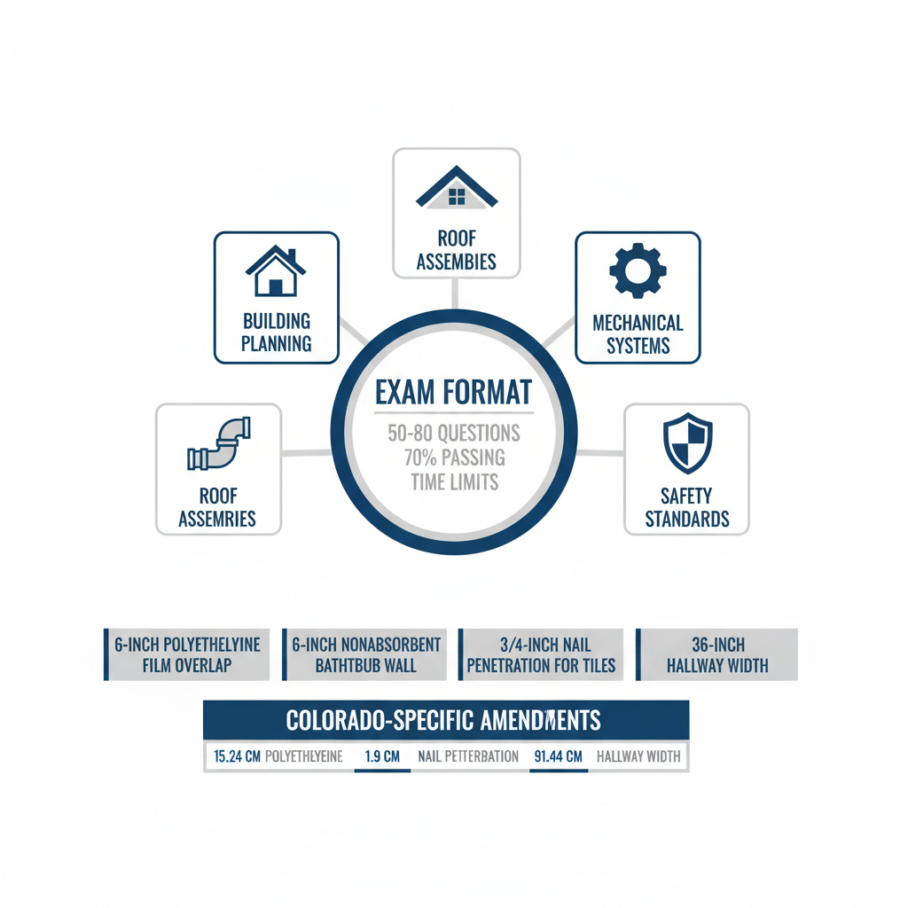 Infographic illustrating the structure and key topics of the Colorado residential contractor licensing exam, featuring exam format, content areas with icons, technical standards, and state-specific amendments.