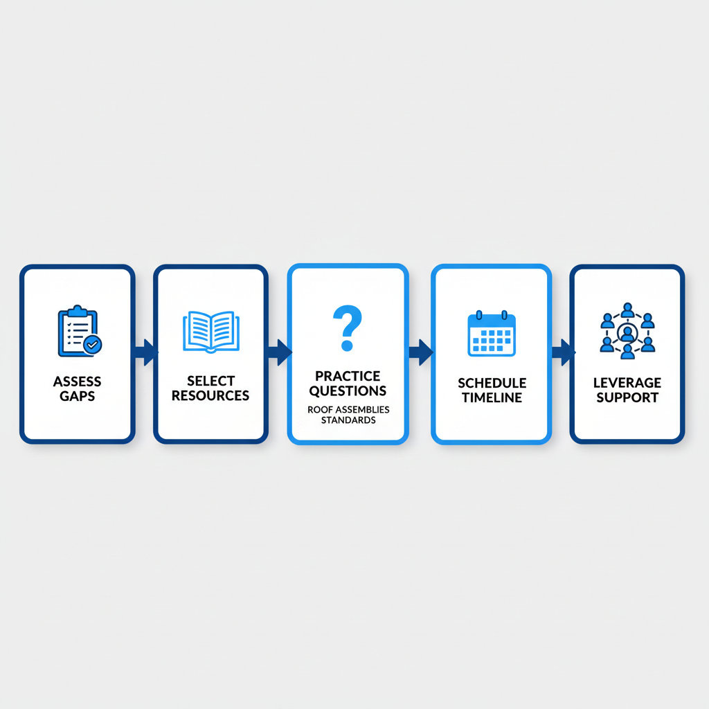 Horizontal process flow diagram illustrating five steps in residential contractor exam preparation: assessing knowledge gaps, selecting study methods, practicing sample questions on topics like roof assemblies, scheduling timeline, and leveraging support programs.