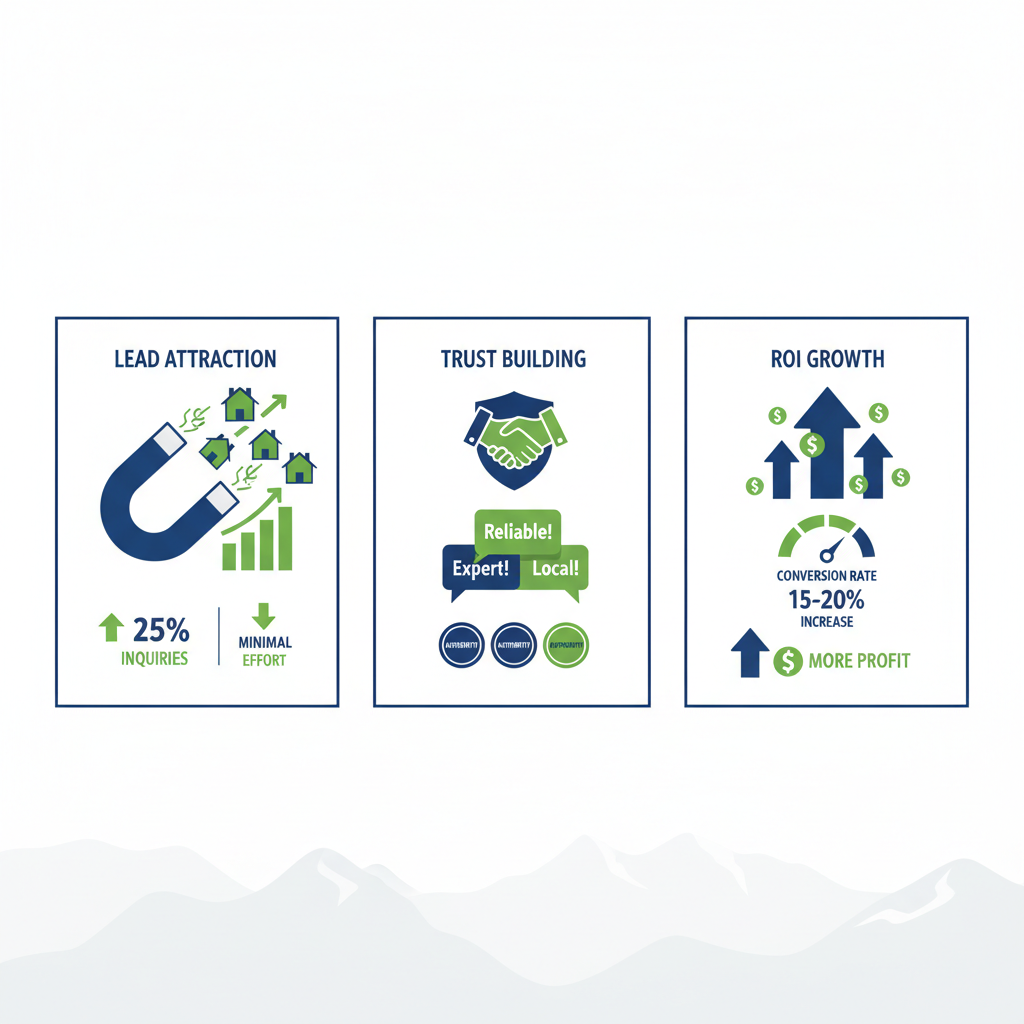 Infographic showing lead attraction, trust building, and ROI growth benefits of content marketing for Colorado contractors