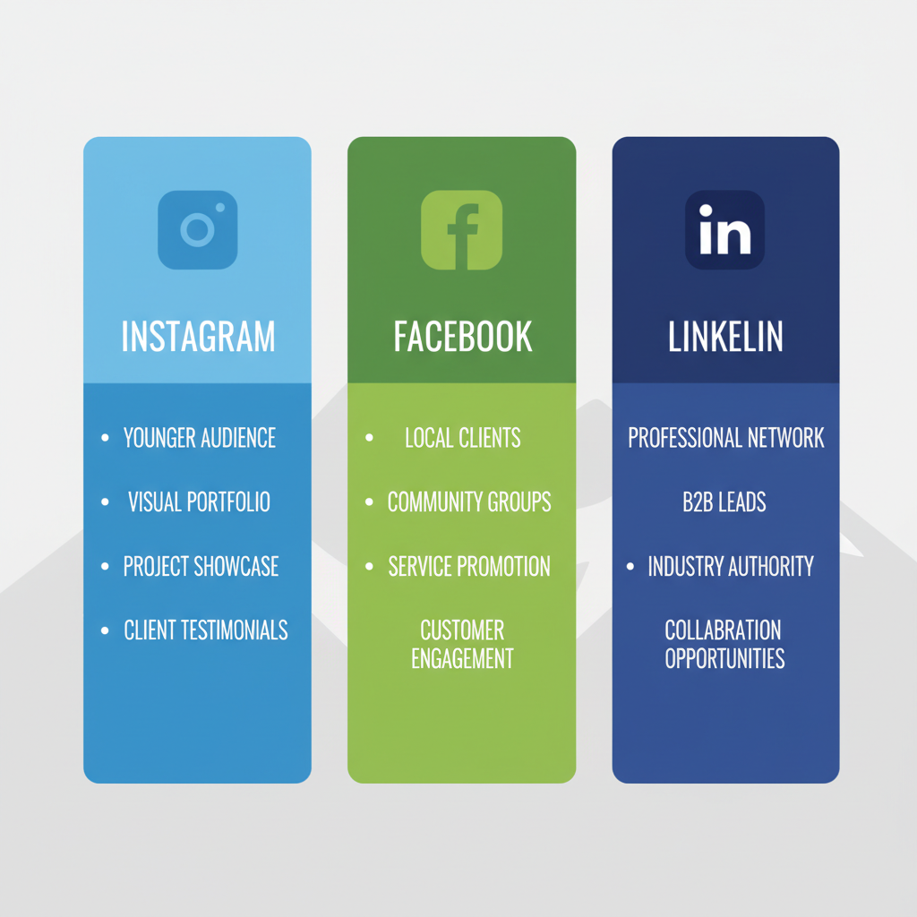 Infographic comparing Instagram, Facebook, and LinkedIn for contractor marketing with demographics and benefits.