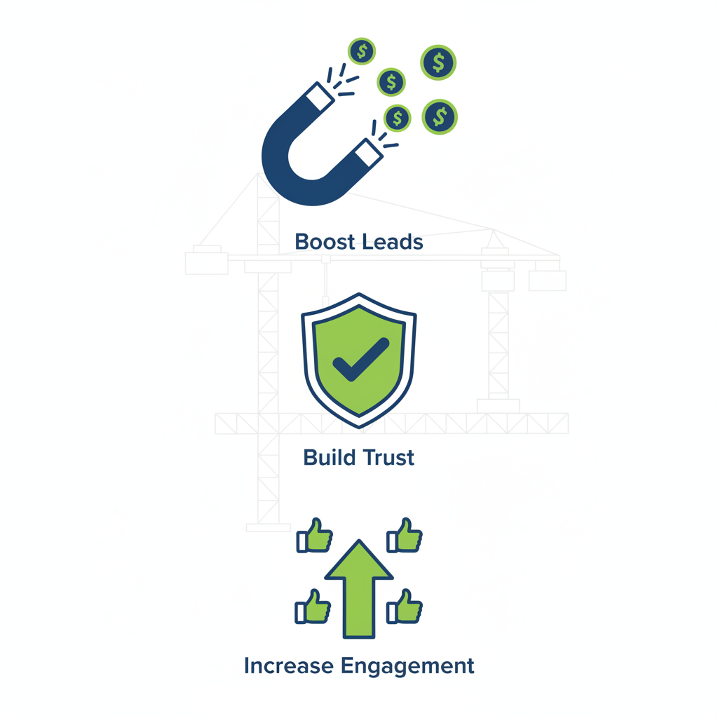 Vertical icons showing video marketing benefits: magnet for leads, shield for trust, arrow for engagement.