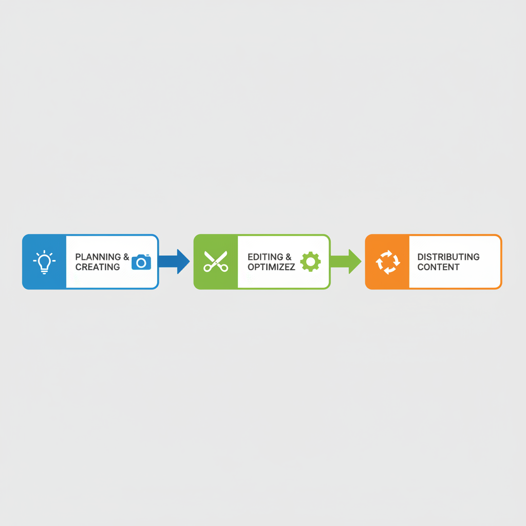 Horizontal process flow diagram illustrating three stages of video marketing for construction businesses: planning, editing, and distributing.