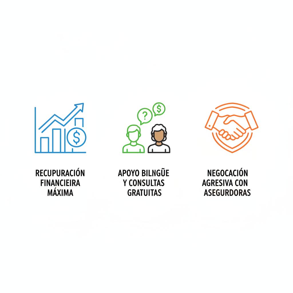Conjunto de iconos ilustrando beneficios de abogados de accidentes: recuperación financiera, apoyo bilingüe y negociación agresiva.
