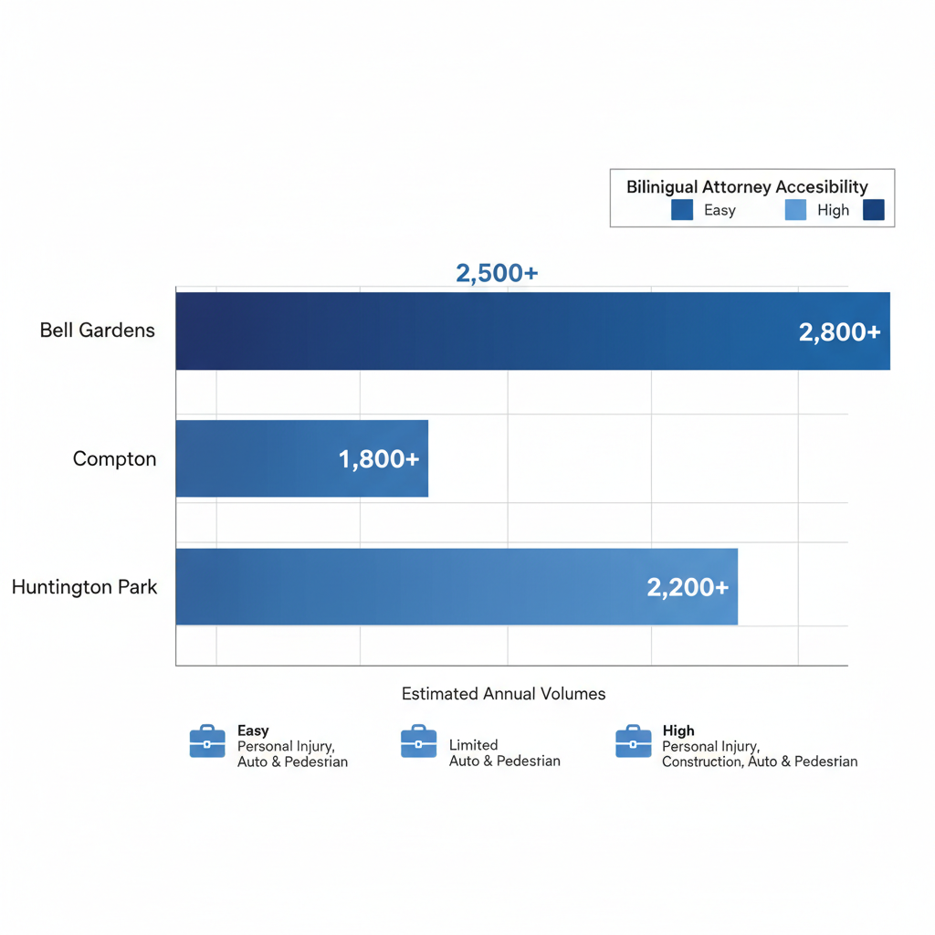 Gráfico de barras horizontal comparando volúmenes de accidentes en Bell Gardens, Compton y Huntington Park con accesibilidad a servicios legales bilingües.