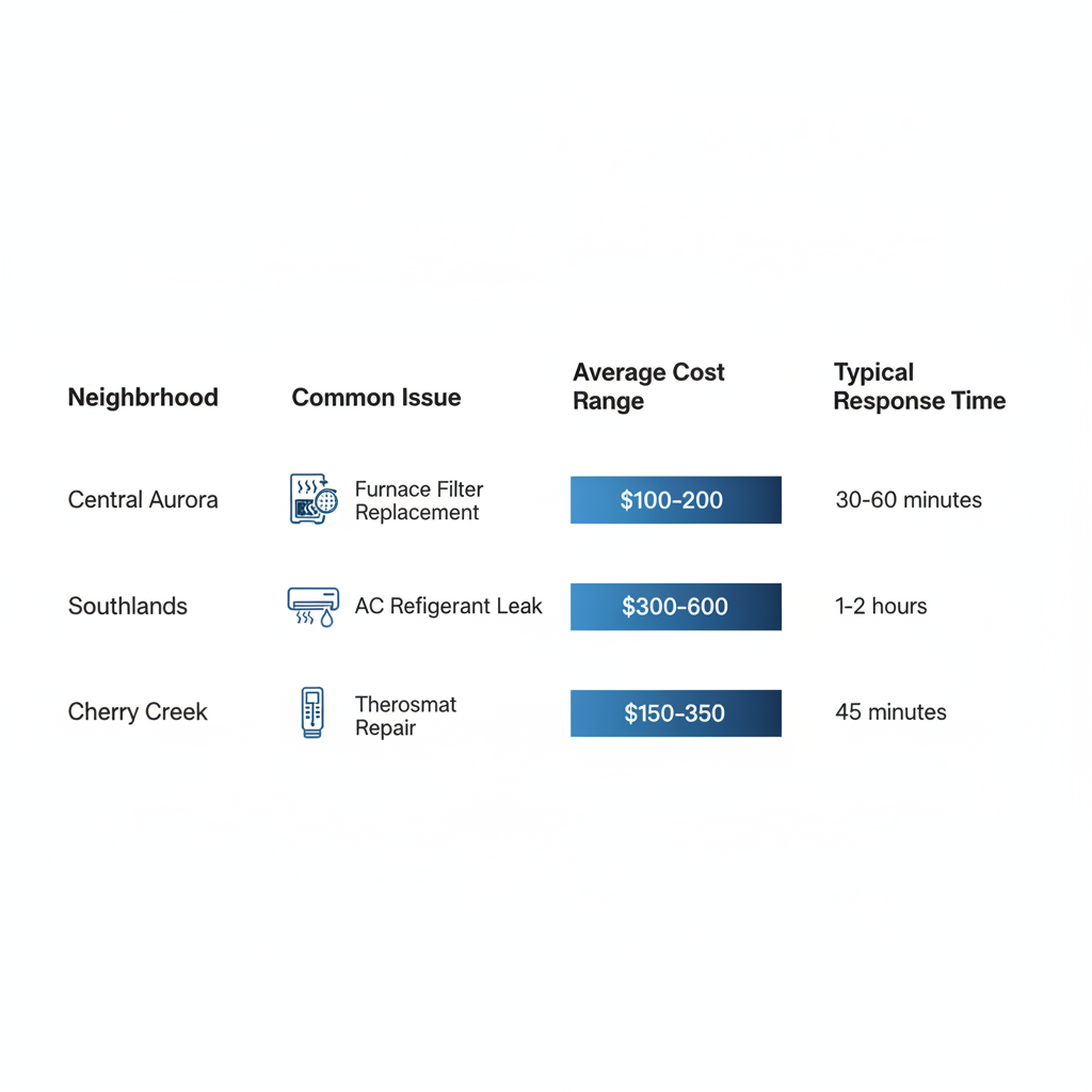 Infographic comparing HVAC repair costs, issues, and response times in Aurora neighborhoods like Central Aurora, Southlands, and Cherry Creek.