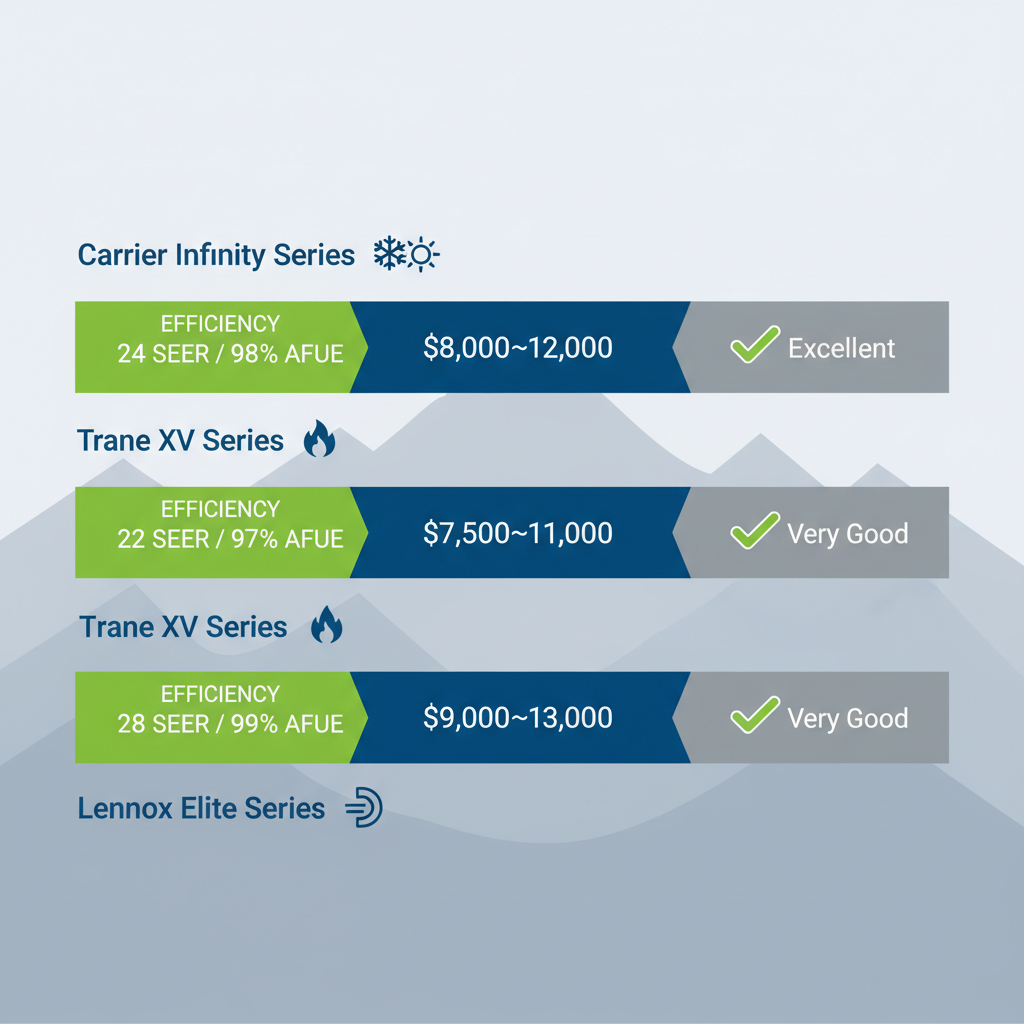 Infographic comparing Carrier, Trane, and Lennox HVAC brands with efficiency, cost, and compatibility metrics for Denver climate