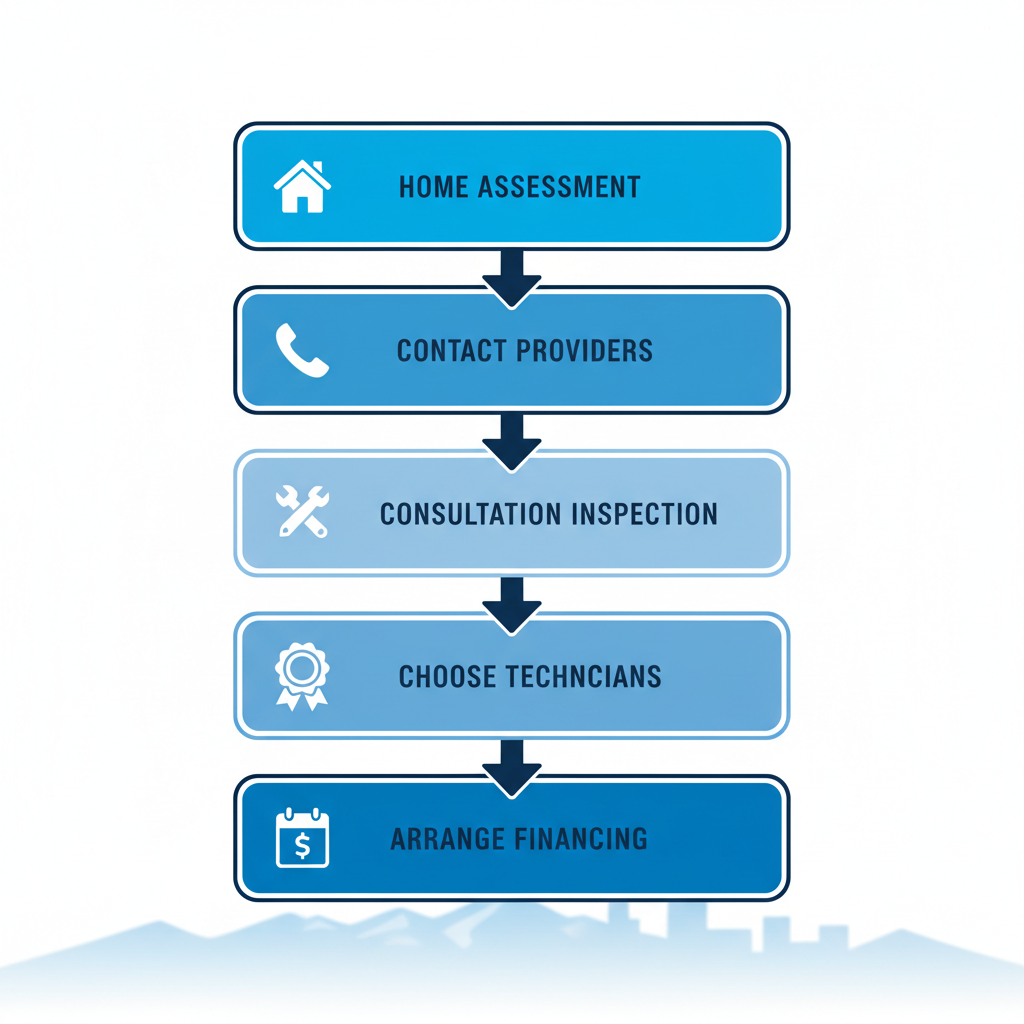 Vertical process flow diagram showing five steps to start an HVAC project: home assessment, contact providers, consultation, choose technicians, and arrange financing.